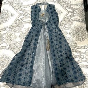 A stunning gray blue sleeveless long dress